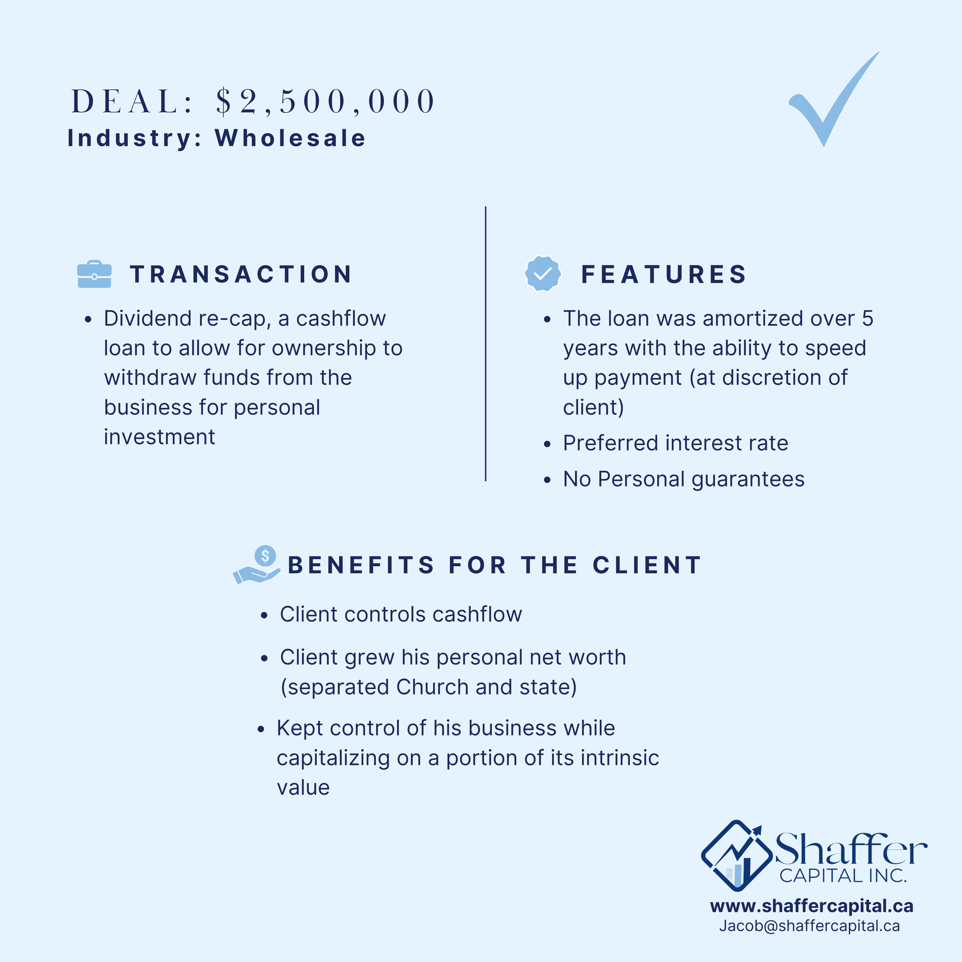 Legacy Shaffer Capital case study: $2,500,000 wholesale dividend recapitalization